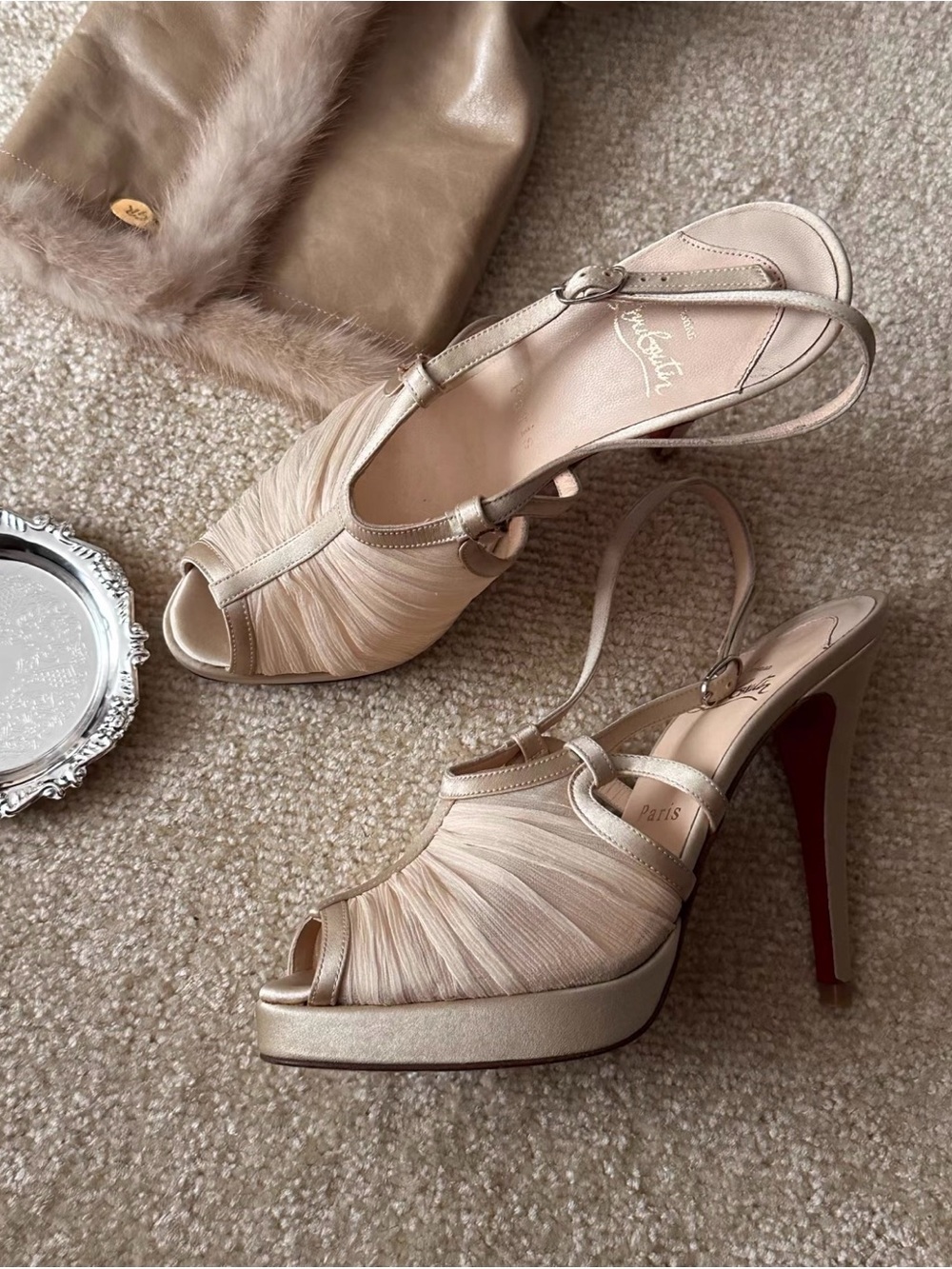 Christian Louboutin Champagne/Nude Peep-Toe Platform Slingbacks 36.5